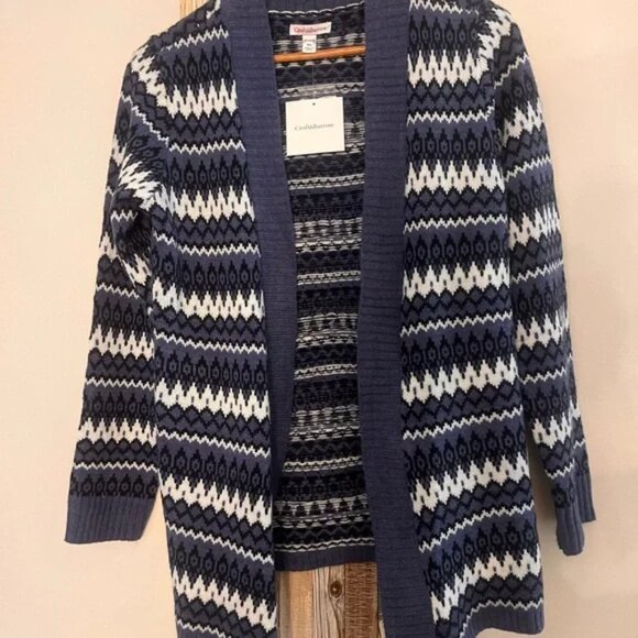 Croft & Barrow Navy and White Zigzag Cardigan Sweater Petite Small NWT - Picture 2 of 5